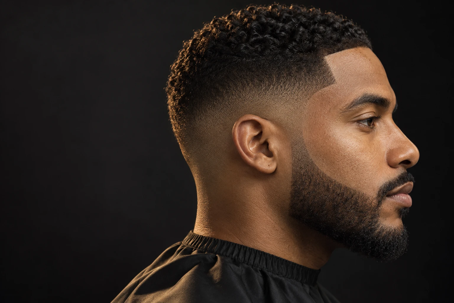 Editorial portrait showing a precise skin fade and beard line